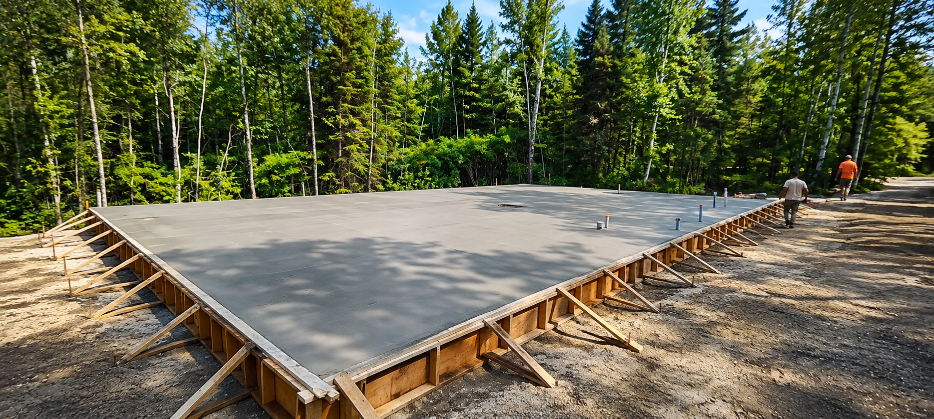 Freshly poured concrete slab with timber formwork on a wooded site