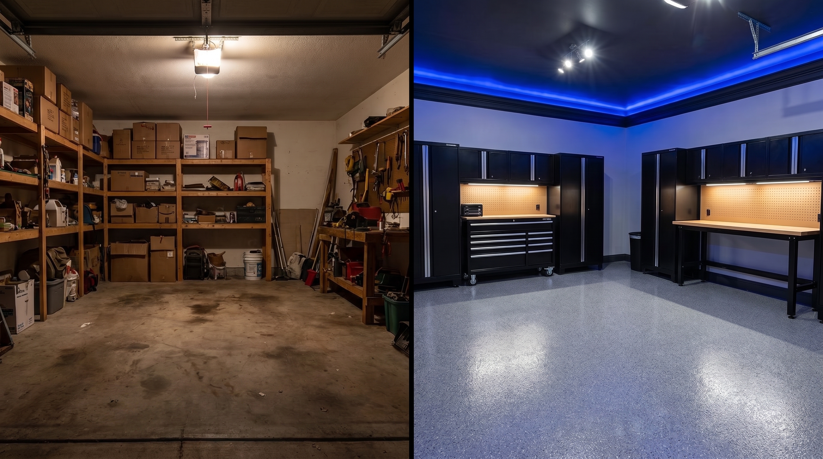 Garage before and after renovation, from bare concrete to cabinetry and epoxy floor